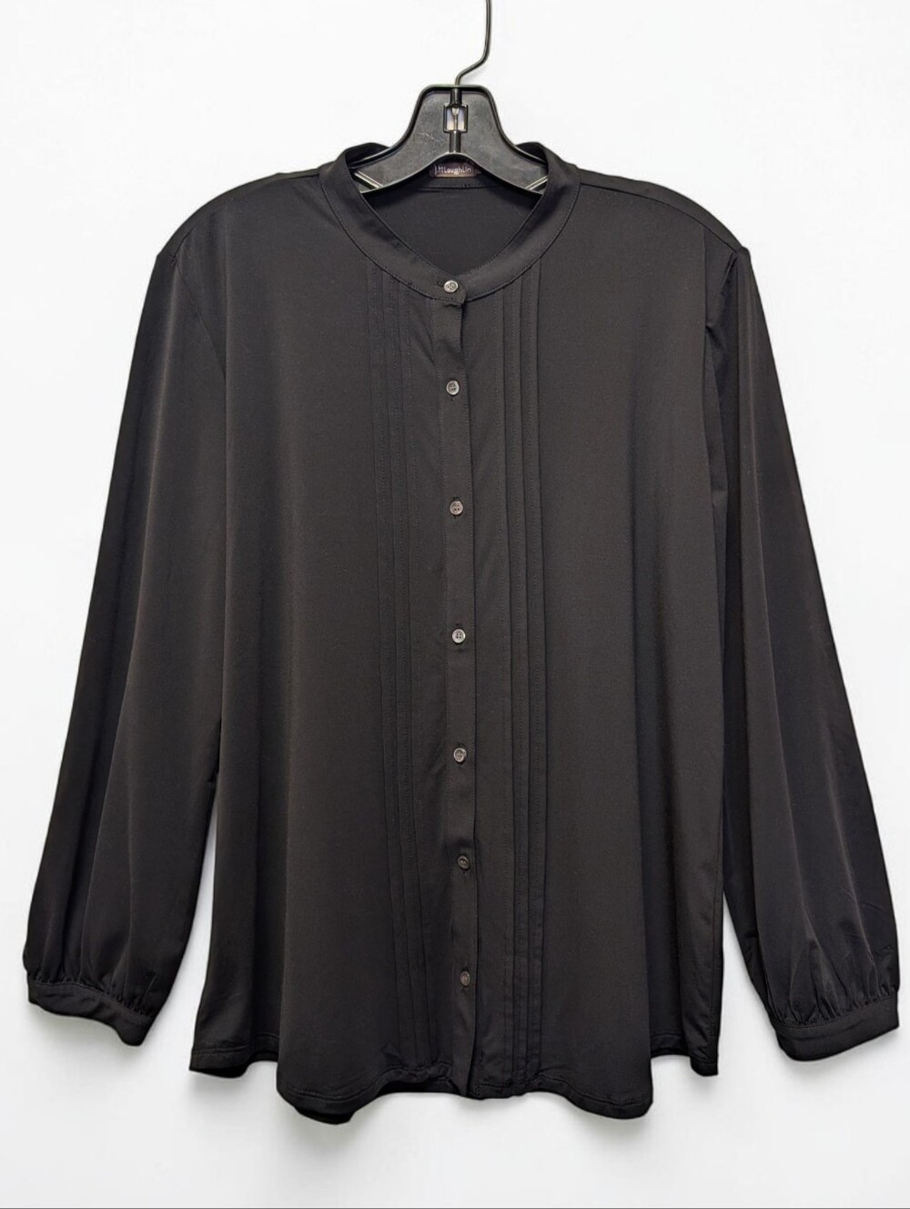J. McLaughlin Black Pintuck Stretch Knit Button Front Career Blouse L NWOT